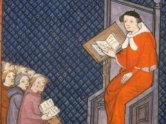 Illustration du XIVᵉ siècle, où l'on voit Barthélémy l'Anglais, franciscain très docte venu d'outre-Manche donner un cours à la faculté de médecine de l'université de Paris. BnF