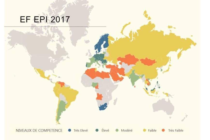 carte des 80 pays de l’indice de compétences en anglais EF EPI 2017