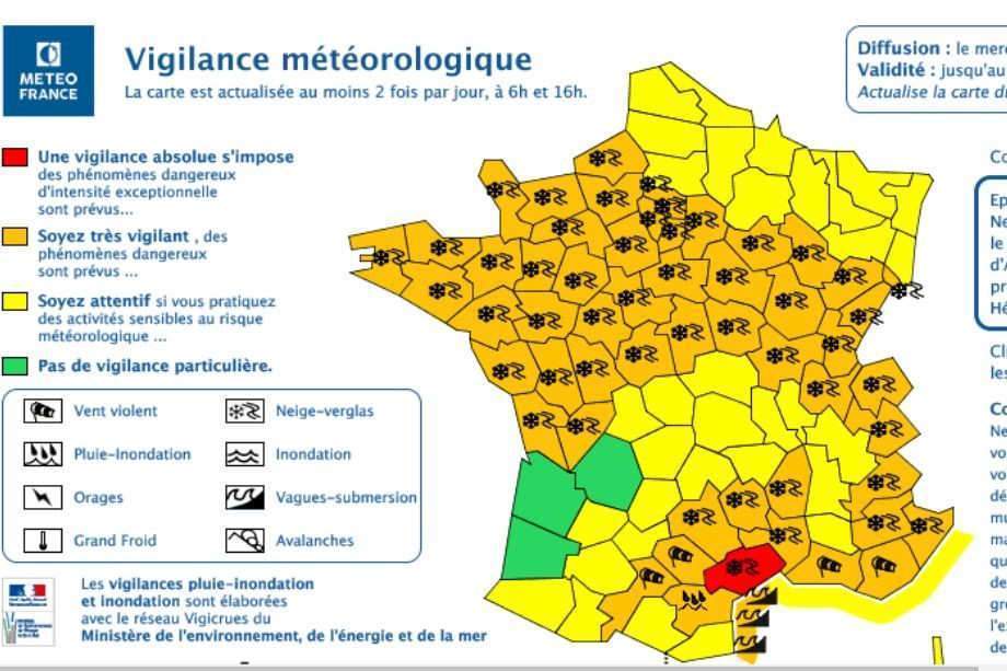 Vigilance rouge dans l'Hérault. Le redoux est annoncé pour ce jeudi (carte météo France)