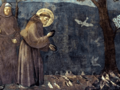 Fresque de Giotto, fin XIIIe siècle, dans la basilique Saint-François d’Assise, qui représente ce dernier en train de prêcher auprès des oiseaux. (détail) Wikipédia