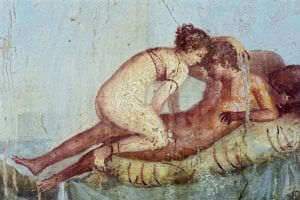 Une peinture de Pompéi. Ier siècle apr. J.-C. Couple en action, la femme a gardé son soutien-gorge. Stephanecompoint