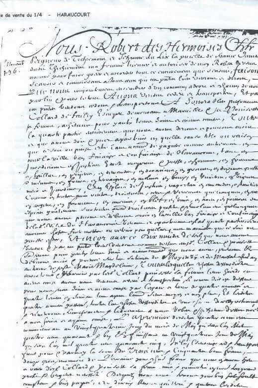 L'acte notarié par lequel Robert des Armoises et son épouse Jeanne du Lys, Pucelle de France, vendent la propriété de Haracourt (copié par Dom Calmet)
