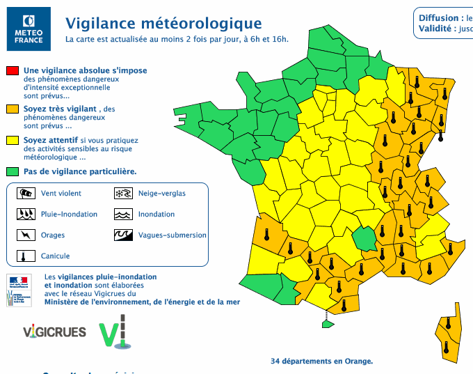 34 départements en vigilance orange canicule en ce 2 août 2018 (carte météo france)