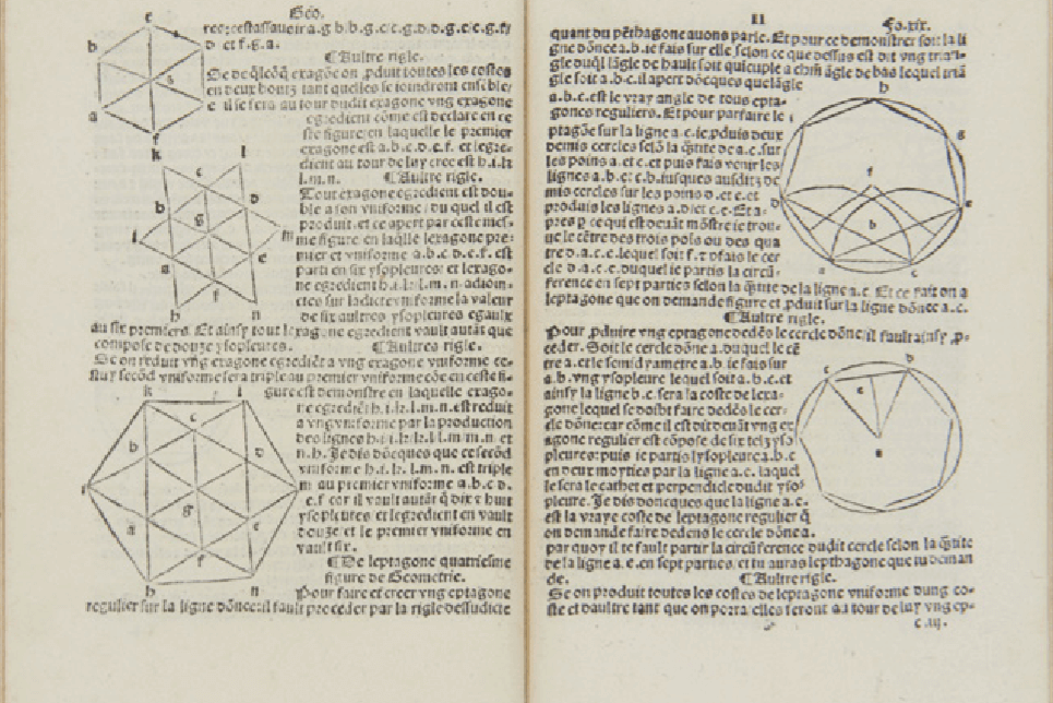 Premier manuel de géométrie en langue française publié en 1511 par Charles de Bovelles (1478 - 1567), sous le titre Géométrie en francoys (Collections Aristophil)