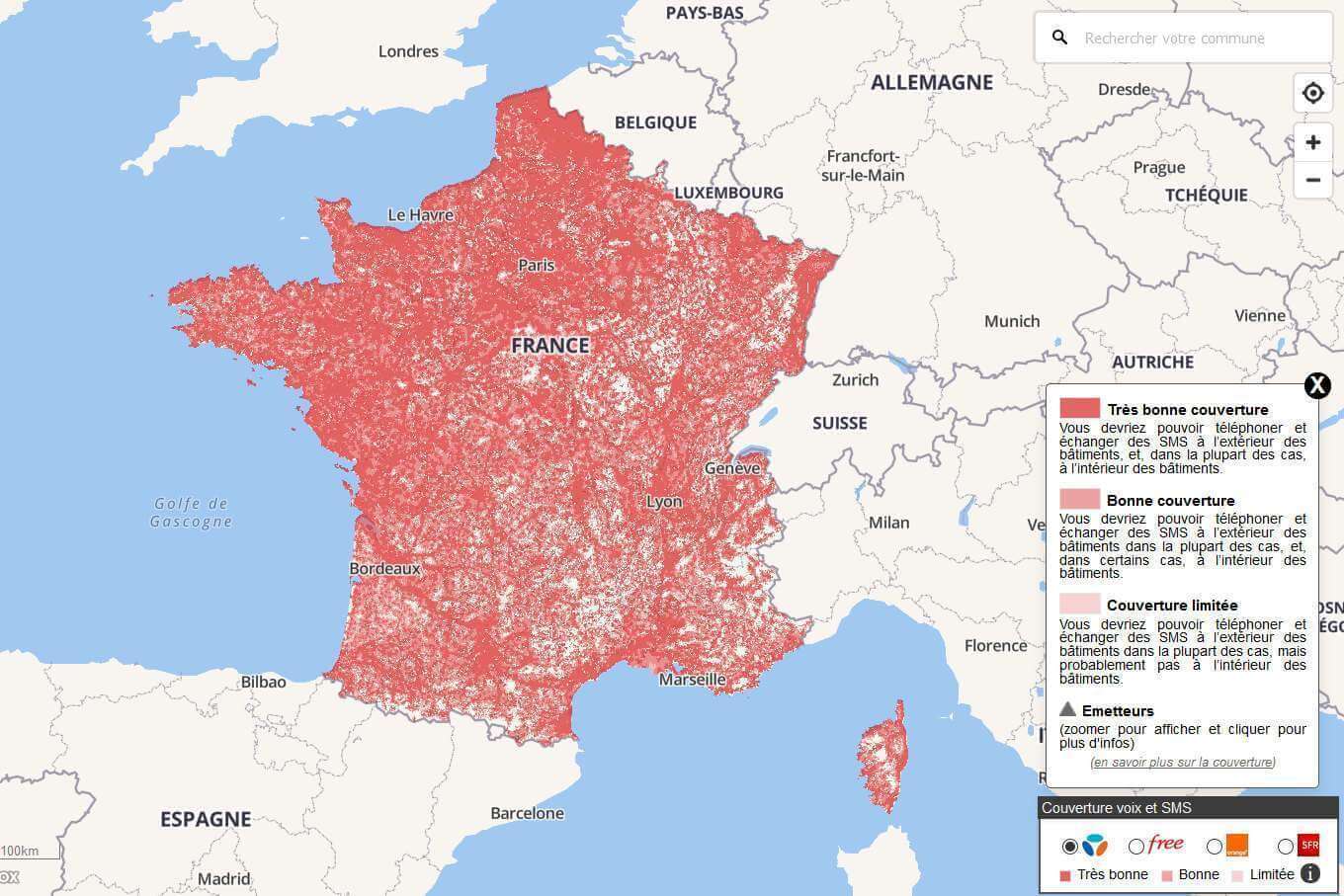 La carte de France de couverture voix et SMS des différents opérateurs mobile (Arcep)