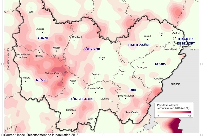 Carte lissée de la part des résidences secondaires en Bourgogne-Franche-Comté (insee)