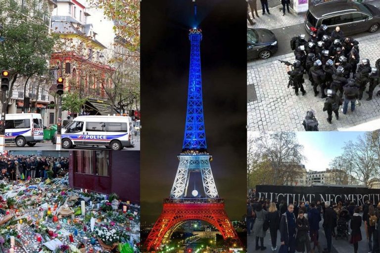 Attentats du 13 novembre à Paris (Albergrin007 for moutingAt the top left : Maya-Anaïs Yataghène from Paris, France]At the bottom left : Jean-François GornetIn the center : Florent AUDEBERTAt the top right : Chris93At the bottom right : Eric Salard, CC BY-SA 4.0 , via Wikimedia Commons)