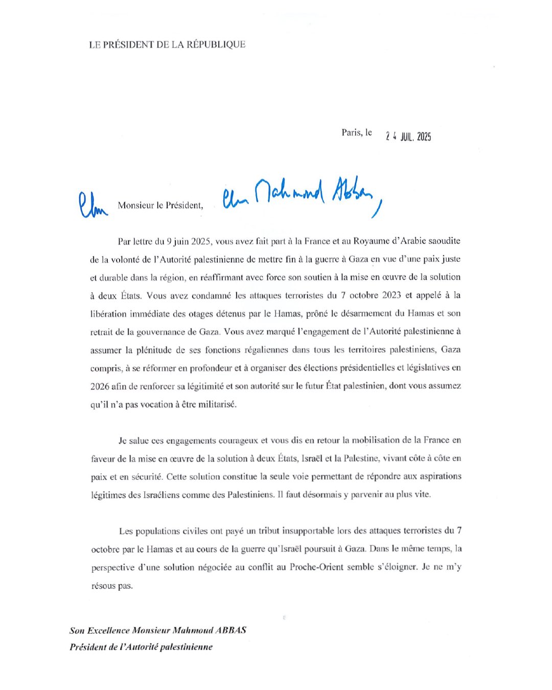 Lettre du Pt Macron
