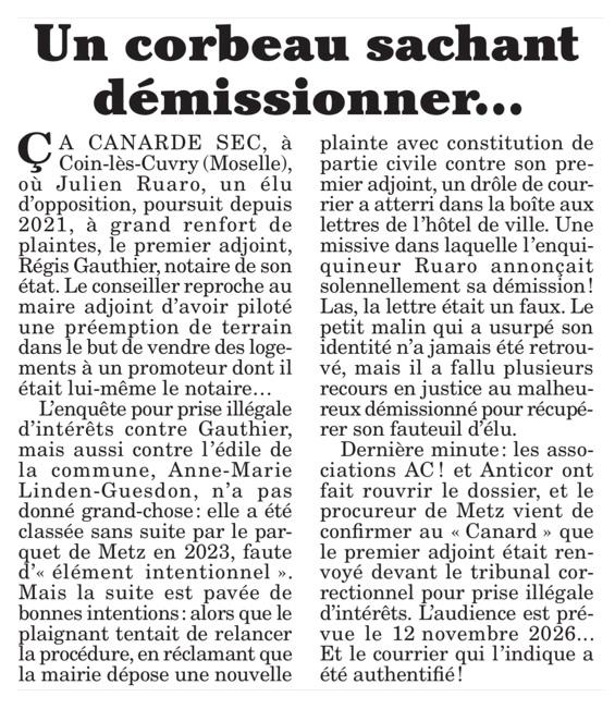 Coin-lès-Cuvry, le premier adjoint épinglé par Le Canard