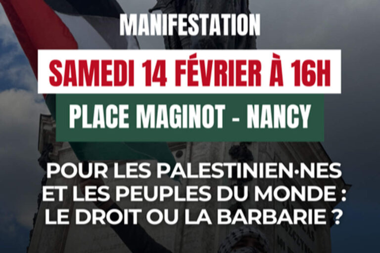Palestine : manifestation à Nancy le 14 février 26 (affiche)