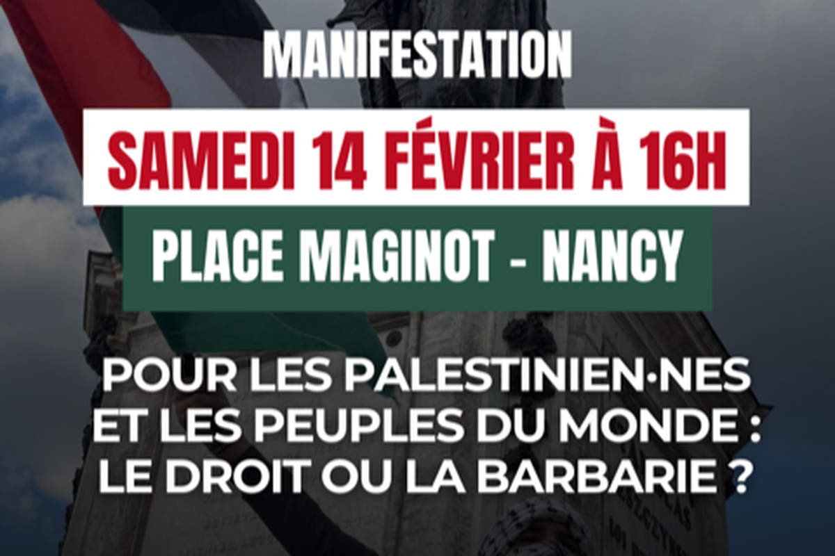 Palestine : manifestation à Nancy le 14 février 26 (affiche)