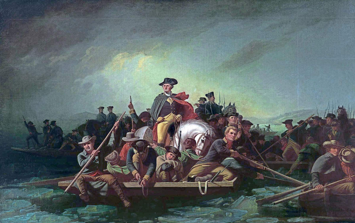 Cette scène illustre la nuit du 25 au 26 décembre 1776, lorsque Washington franchit le fleuve Delaware pour surprendre les troupes hessoises à Trenton.