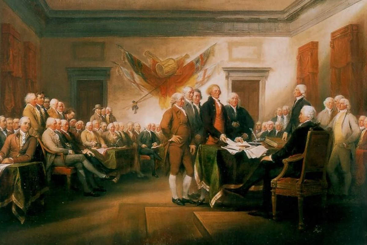 La signature de la Déclaration d'indépendance. Il s'agit du célèbre tableau de John Trumbull intitulé Declaration of Independence (1819), exposé au Capitole des États-Unis.