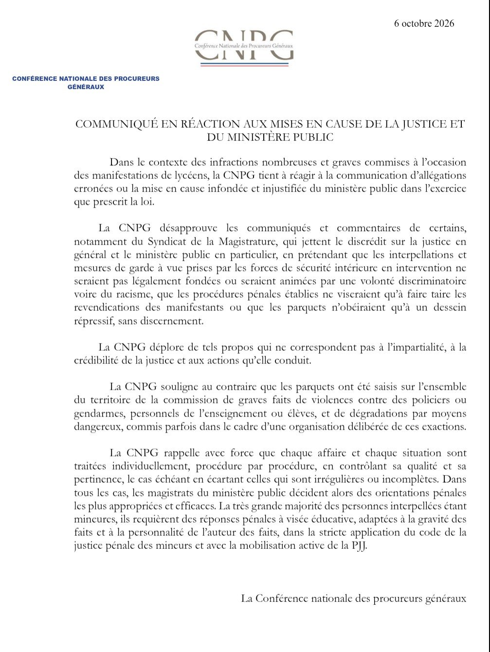 communiqué de la Conférence des PG