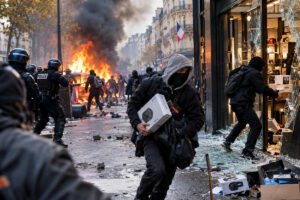 Les violences du 17 octobre soulèvent la question de l’identité des auteurs et de leur éventuelle coordination. (illustration générée par intelligence artificielle)